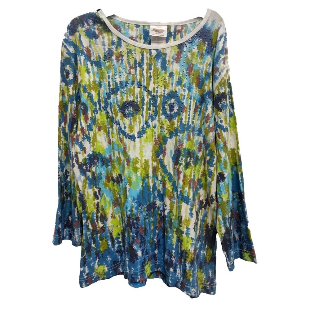 Pleasant Shade Womens Wearable art Top Large Green Blue Abstract Long Sleeve NWT